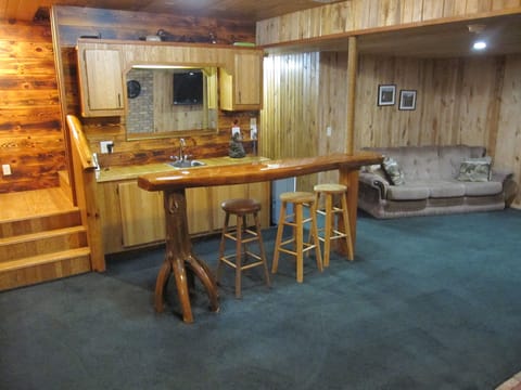 downstairs is spacious w/living room, tv, wet bar, bedroom, bathroom & laundry