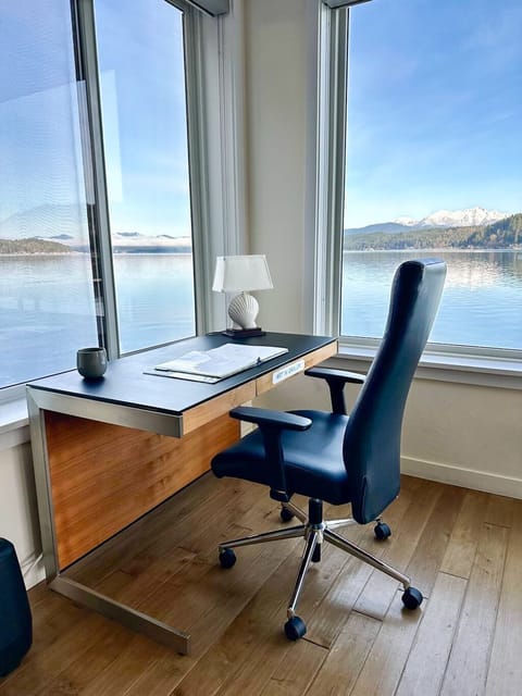 Work desk with comfy chair and lamp