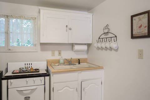 Kitchenette: double sink, microwave, toaster oven, hot plate, refrigerator, electric teakettle, coffee press, plates, bowls, utensils.