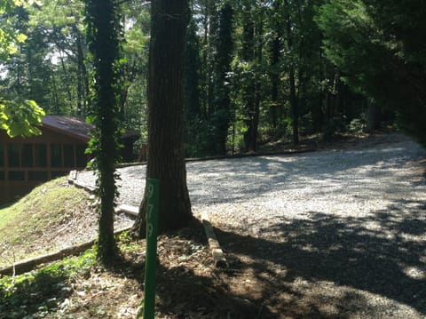 View from the road of the parking area without a vehicle