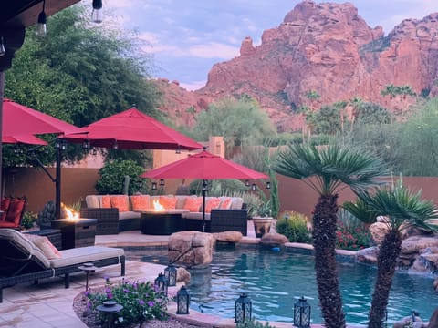 Poolside view.  Firepit & oversized hot tub.  Beats local 5-star resorts