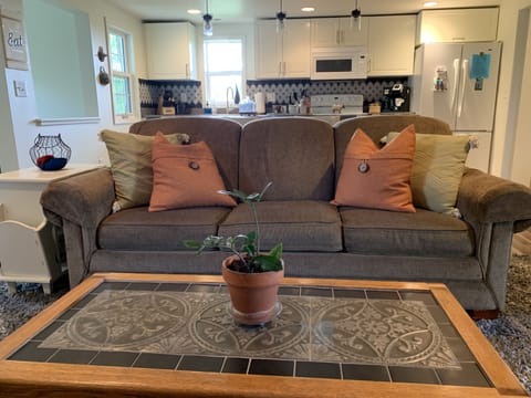 Living room overlooking the eat-in kitchen and cottage main living space.