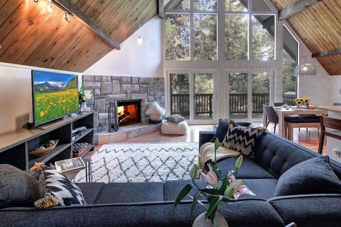 Large, light-filled Great Room, kitchen and dining area with a forest view.