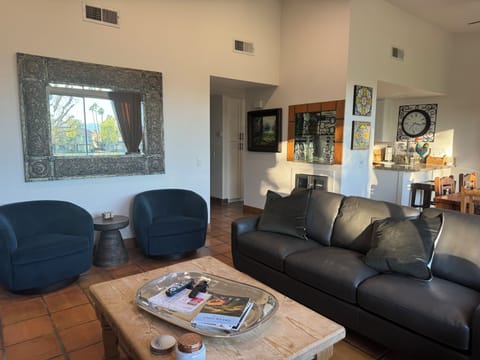 Living Room - Charcoal Gray Leather Sofas and Blue Swivel Chairs