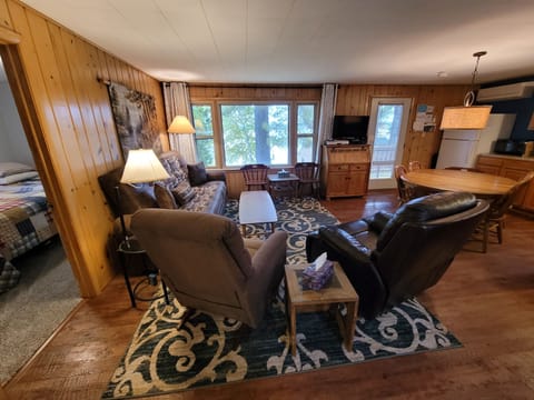 Living room, picture window overlooking Lake Minocqua, Wall mounted TV Cable DVD