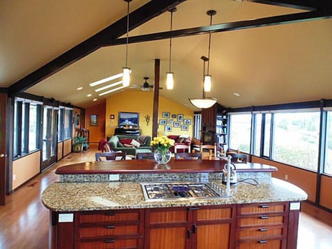 From this custom kitchen island, views of the water, yard, and even the TV. 
