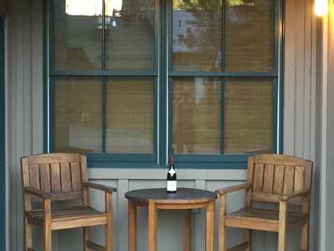 Patio walk out straight to village shops and resturants