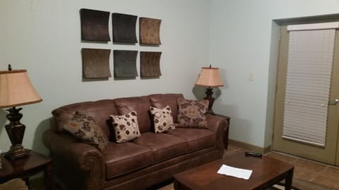 Living Room with new sleeper sofa with memory foam mattress.