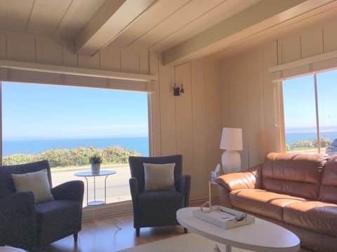 living room has fireplace, 50 inch TV and Ocean View.