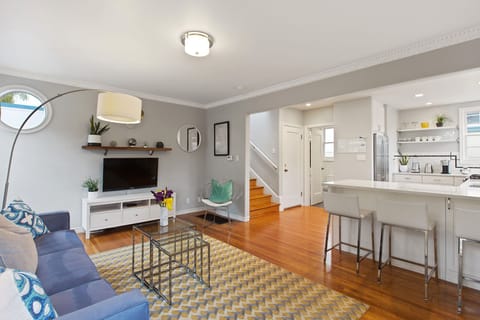 Large kitchen with breakfast bar open to the living room. 
