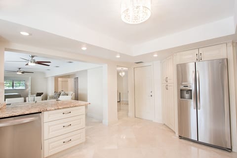 Beautiful kitchen with all dishes, pots and pans for your vacation rental.