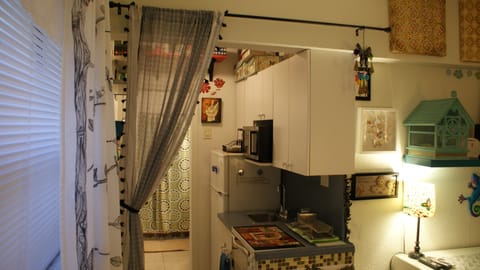 Kitchenette Full size refrigerator2 burner countertop stove toaster oven microwa