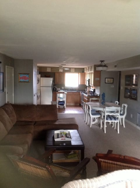 Large living room looking into kitchen area.