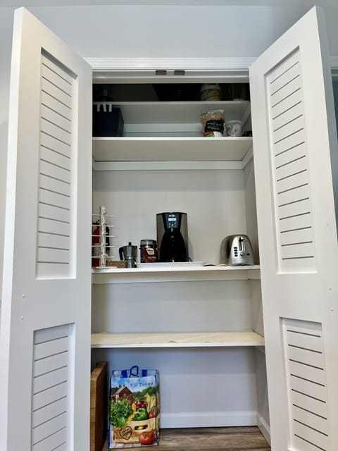 kitchen pantry, coffee maker, toaster