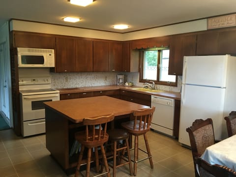 Fully equipped kitchen with views out to the lake.