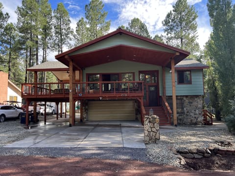 Front view of our cozy cabin in the woods