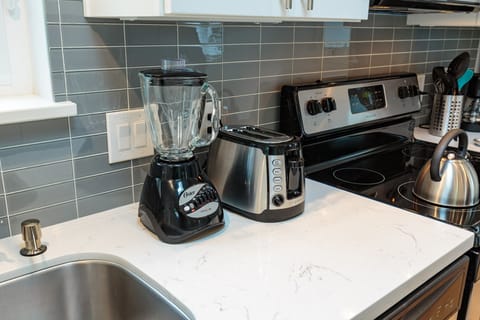 Blender, toaster, tea kettle, drip coffee maker, french press,  and crock-pot.