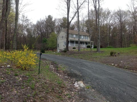 house is set back off the road, with plenty of woods to walk through in the back