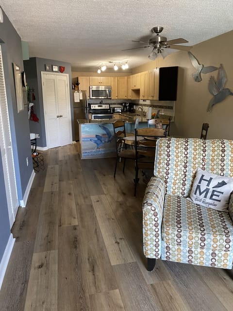 View of kitchen from living room area