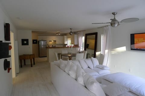 White linen sectional with full size pullout with 60' flat screen and WIFI