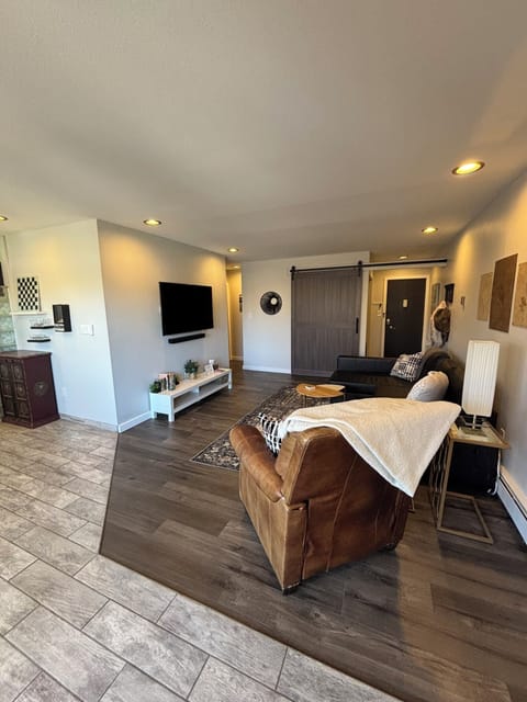 Living area. Smart TV. Sound bar. Barn door to close off laundry center.