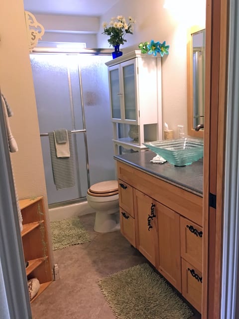 Guest House 3/4 bathroom with vessel sink & pocket door.