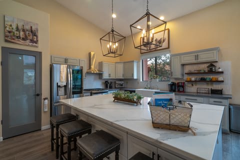 View of the newly remodeled gourmet kitchen with new appliances.