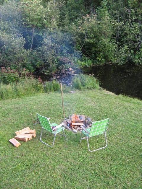 The firepit and our tiny meadow on the river.