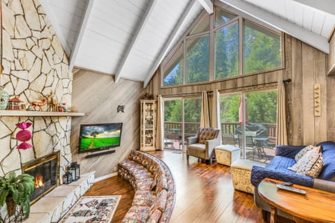 living room with forest view