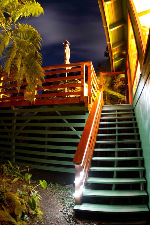 Stroll up the stairs to the lanai and living/sleeping areas.