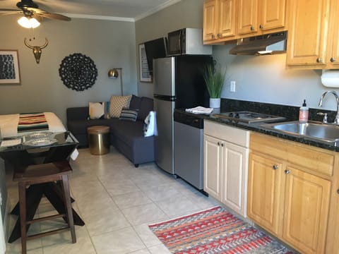 Kitchen includes a fridge, microwave, stove top, and dishwasher. 