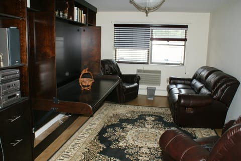 The living room,with a flat screen TV on the desk that opens into  Murphy bed.