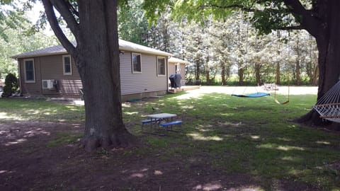 2 swings ,hammock and a fire pit 