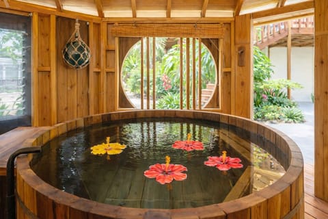 Begin or end you day with a relaxing soak in our all wooden hot tub.