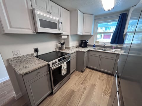 Kitchen with granite countertops, new induction range, and new refrigerator