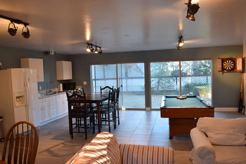 Downstairs Kitchenette, Dining and Living Room with Pool Table and Dart board
