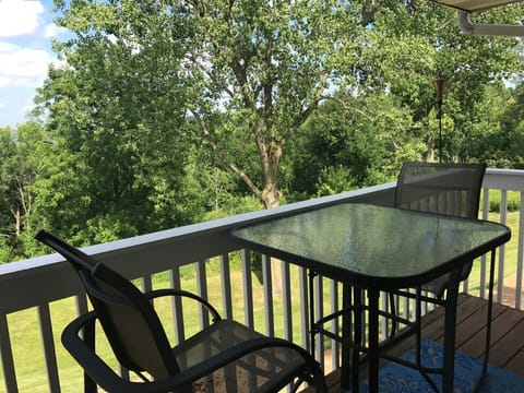 Patio in back overlooking the river valley and ski hill