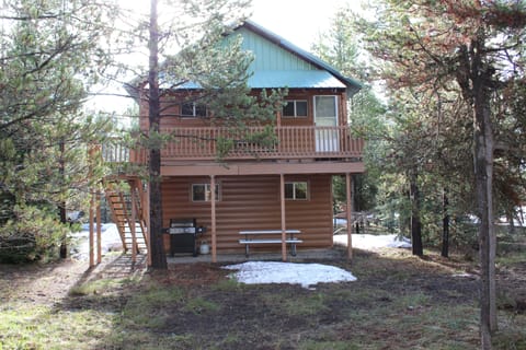 Side view of Cozy Cabin, showing the upper deck and lower patio with BBQ grill.