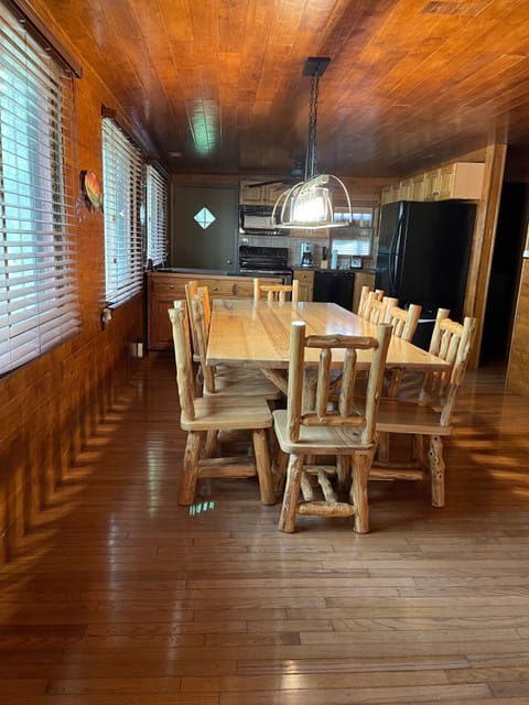 Large dining area with rustic elegance seats ten
