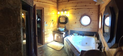 Master bathroom has jacuzzi tub and stone shower.