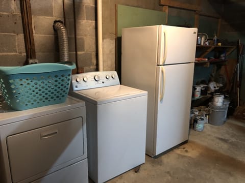 Laundry area in unfinished portion of basement/garage. Extra fridge
