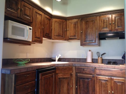Full kitchen with cook top, microwave, fridge and most utensils. Gas grill also.