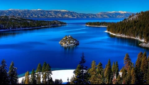 View of Emerald Bay in the winter.