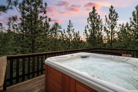 Back Deck - Private deck with treetop views, seating area and private hot tub