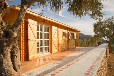 Sougia wooden Eco-house among olive trees and mountains, distant sea view