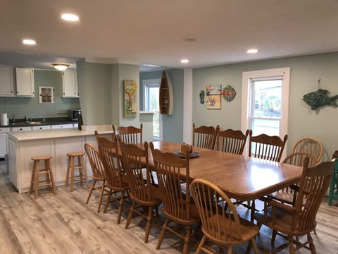 Dining Room - long oak table for 12 with 14 chairs plus 3 stools