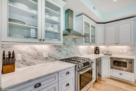 Kitchen is well stocked and appliances are top of the line professional grade