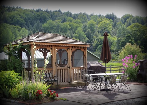 patio, redwood hot tub in gazebo
