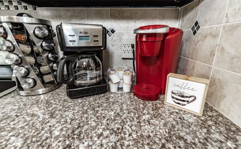 Coffee time!  Ground coffee and coffee pods included.  Cream and sugar included.