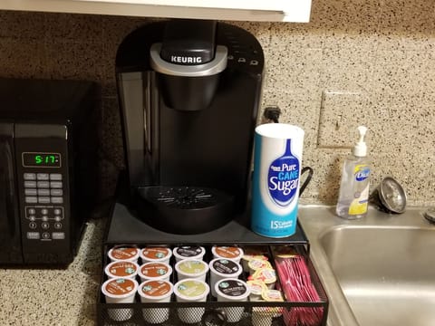 Keurig with K-pods and condiments..regular coffee pot also available